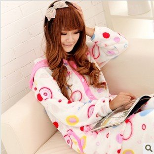 Long version dot warm coral fleece pajamas suit female winter leisure wear upset