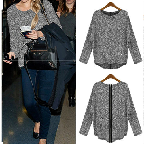 Loose Batwing Round Neck T-shirt Asymmetric Hem Top With Zipper Back 3801