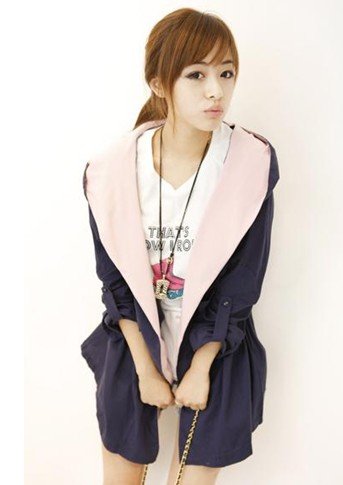 Loose New Arrival Color Block Hooded Collect Waist Coat Deep Blue Free Shipping