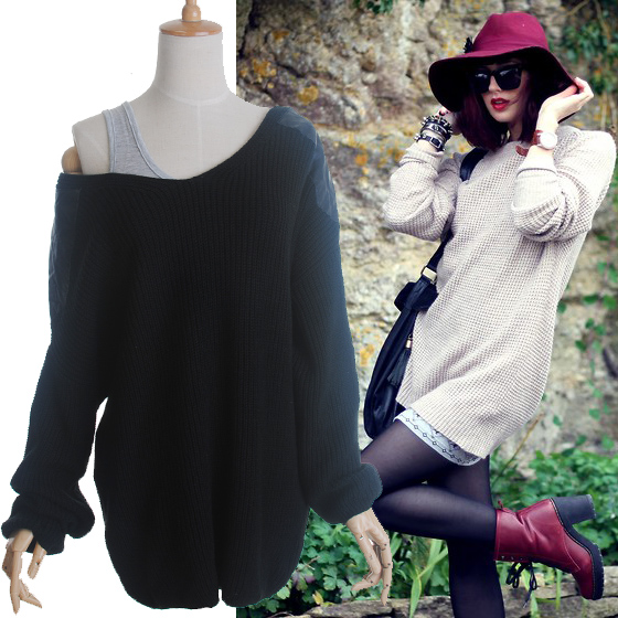 Loose oversize PU patchwork V-neck coarse knitted casual sweater women's Free Shipping