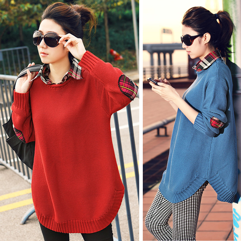Loose plaid collar knitted patchwork pullover faux two piece sweater z2280