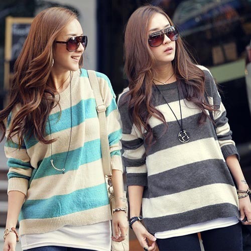 Loose plus size clothing sweater outerwear o-neck stripe pullover sweater