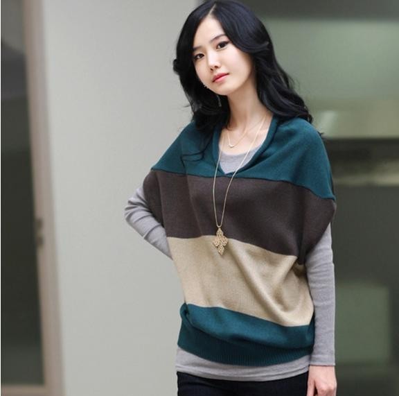 Loose plus size mm women's sweater outerwear female V-neck stripe color block outerwear