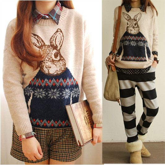 Loose preppy style rabbit jacquard o-neck pullover sweater fresh