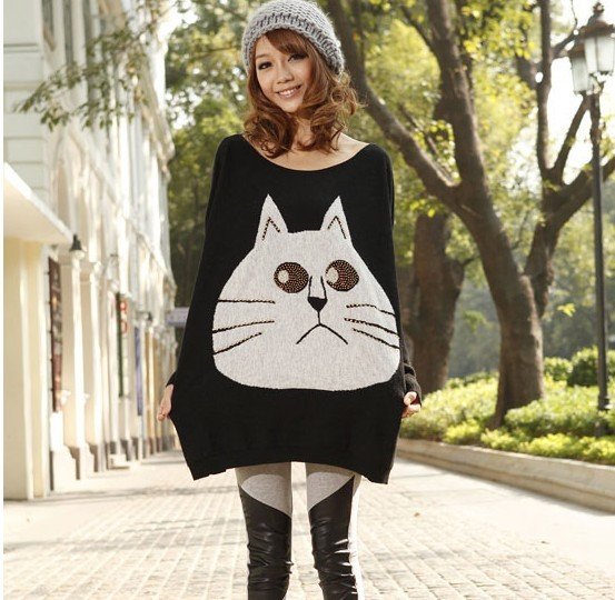 Loose rabbit wool batwing coat order bead big face in cat grows long sleeve sweater