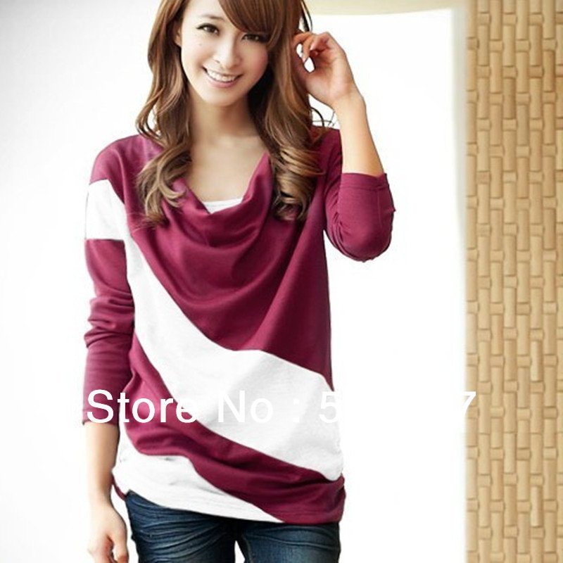 Loose sleeve Sweater T-shirt stitching striped long-sleeved knitwear pullover for ladies free shipping W052