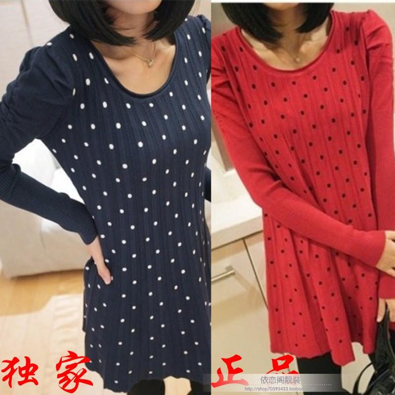 Loose sweet princess sleeve polka dot o-neck long-sleeve dress knit dress sweater (WC005)