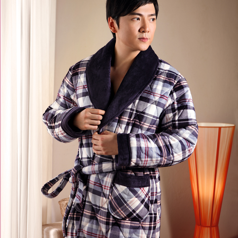 Lounge male robe fashion plaid coral fleece cotton-padded plus velvet thickening thermal double faced fleece bathrobe