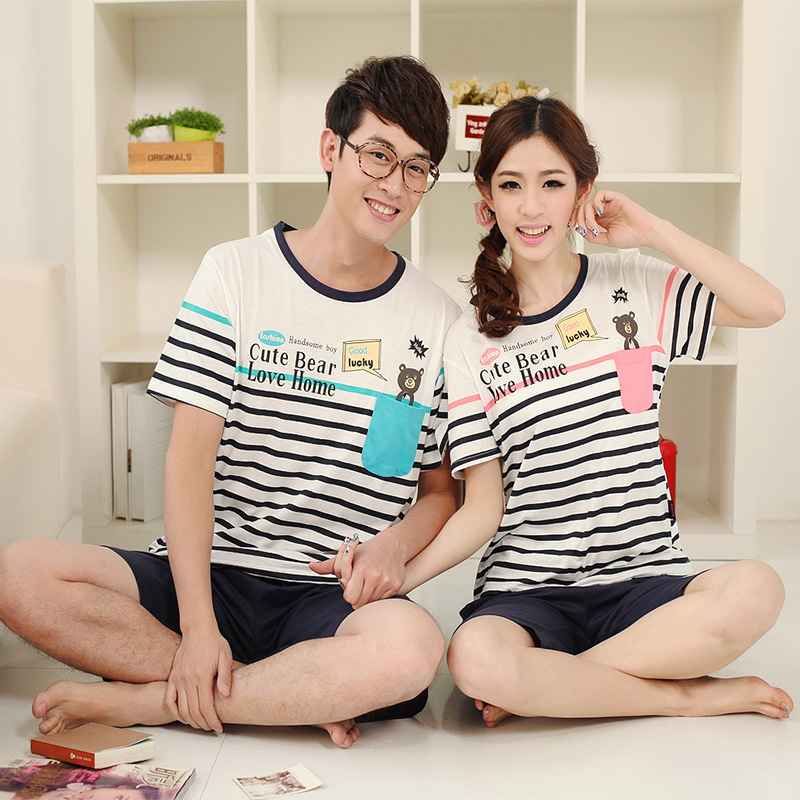 Lounge male women's stripe short-sleeve shorts casual lovers sleepwear twinset Free Shipping