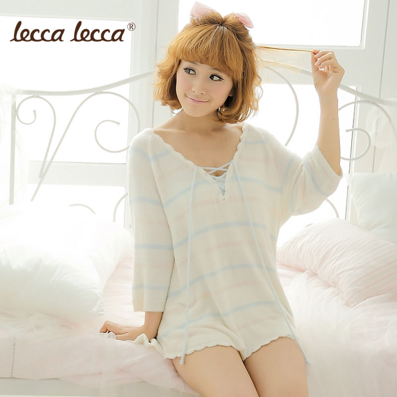 Lounge sleepwear leccalecca women's stripe knitted air conditioning shirt pullover 3177