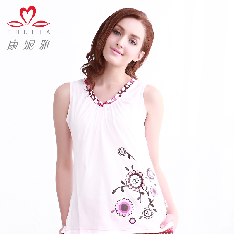 Lounge spring and summer new arrival sweet women's 100% V-neck print cotton sleeveless sleepwear top