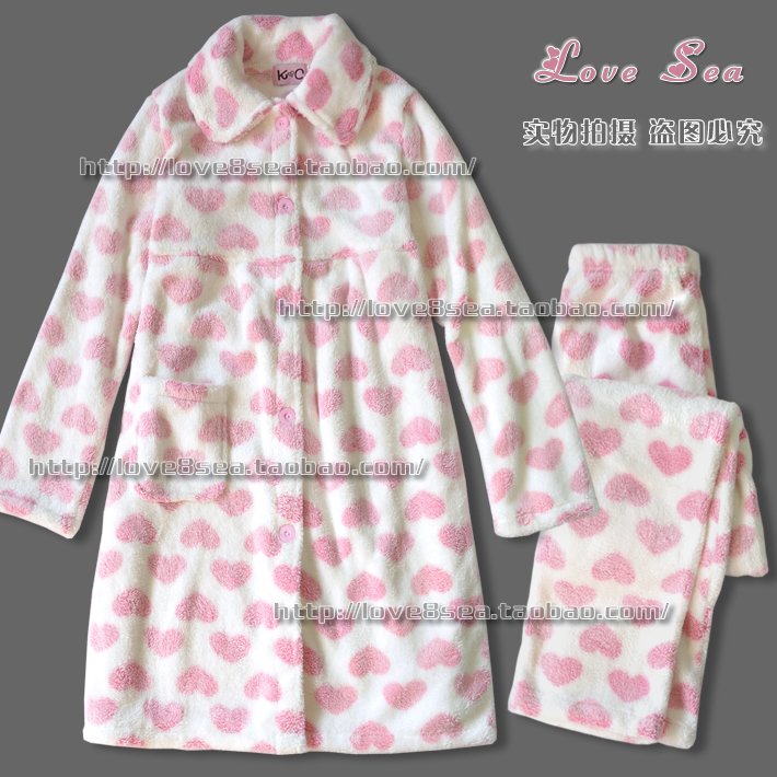 Lounge women's thickening coral fleece robe long design sleepwear pajama pants set autumn and winter