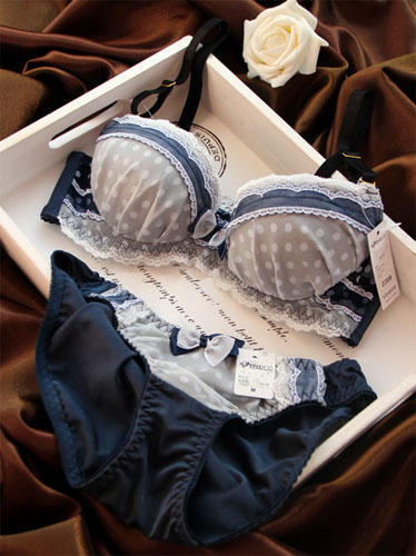 Lourie polka dot . blue fashion bow 3 breasted adjustable push up underwear bra set