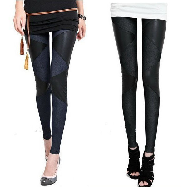 LOVE 2012 fashion slim faux denim legging faux leather patchwork ankle length trousers female spring and autumn