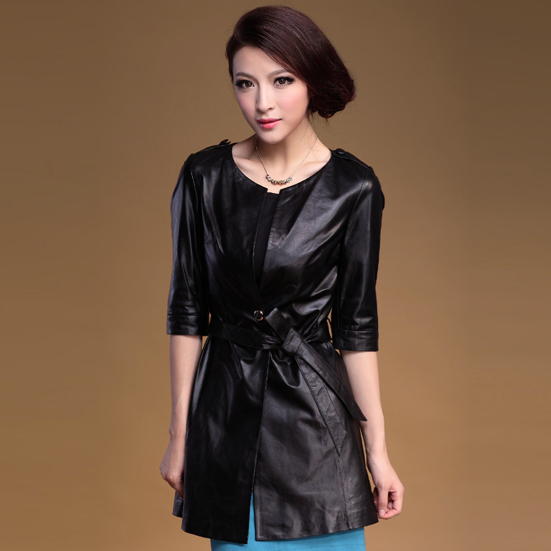 LOVE 2012 genuine leather clothing slim sheepskin o-neck half sleeve women's trench outerwear