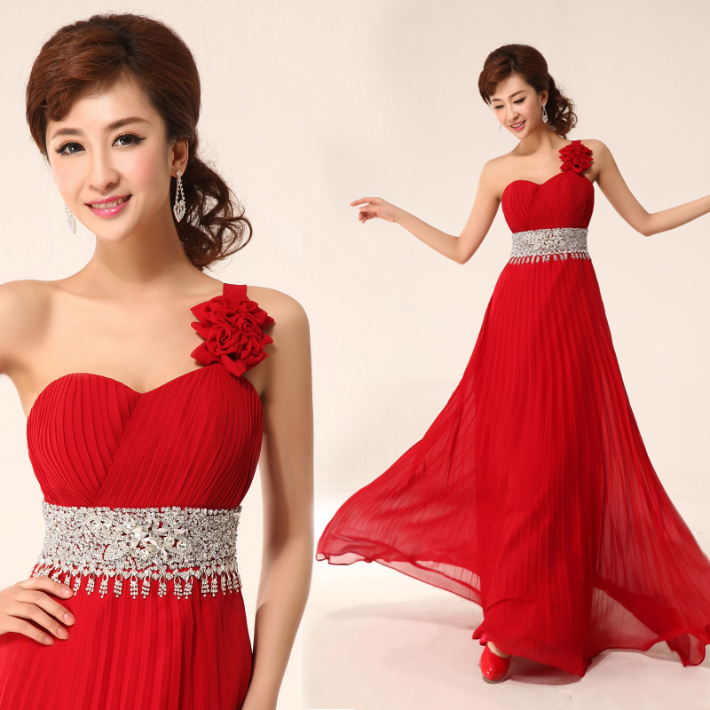 Love 2013 red one shoulder flower sweet bride evening dress long design formal dress