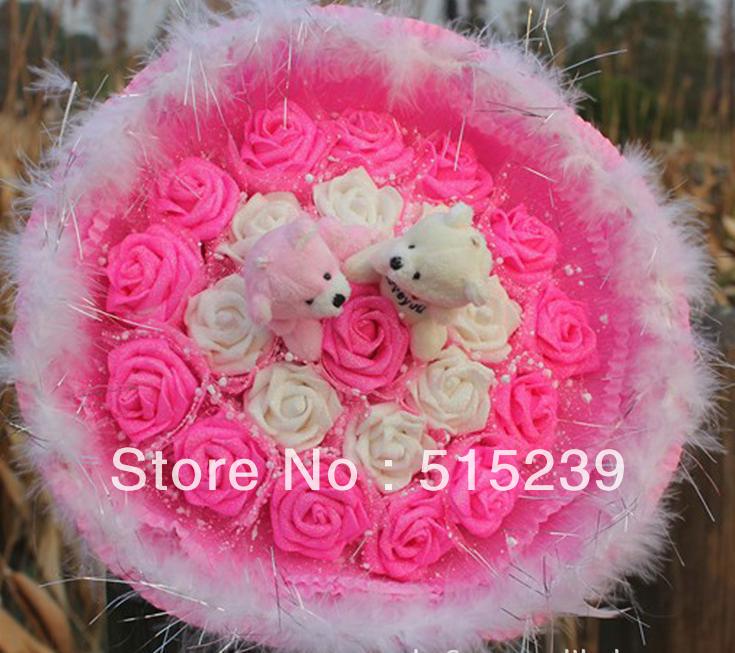 LOVE Bear Cartoon & POU roses bouquet / dried flowers Christmas gifts lover bouquets free shipping ZA593