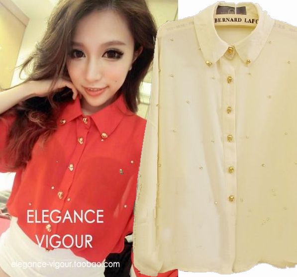 Love~Beauty 2012 Autumn New Women's Blouses,Handmade Sparkling Diamond Gold Skull Beading Chiffon Long-sleeve Loose Shirt