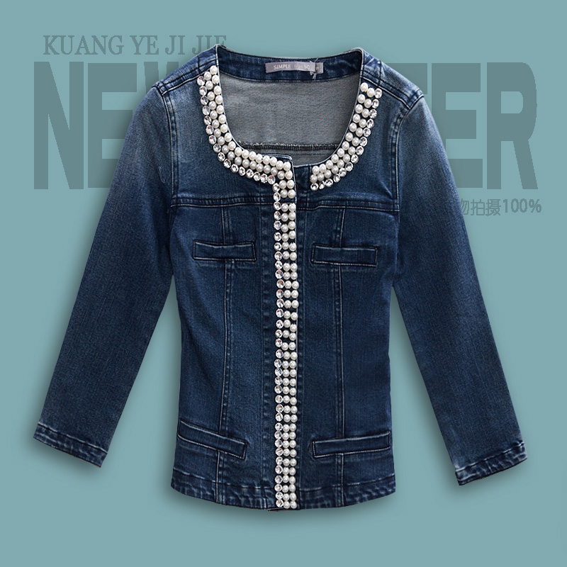 Love~Beauty Diamond Interdiffused season handmade pearl denim short jacket