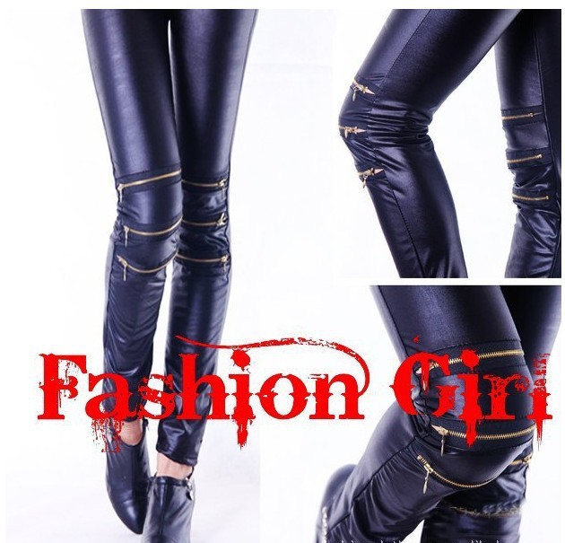Love~Beauty ZHY-09 Women Leggings,Punk Knee Zipper Matt Faux Leather Slim Pants Legging Tights,10pcs/lot,Wholesale