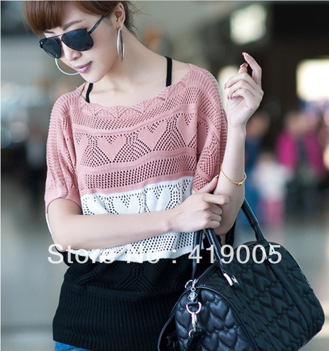 Love bump batwing coat joker color stripe sweater with short sleeves blouse free shipping