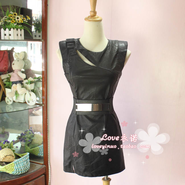 Love clothing autumn new arrival 9 slim unique neckline shoulder pads PU one-piece dress leather skirt 25