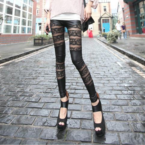LOVE Faux leather patchwork pants female autumn lace gauze cutout rose ankle length trousers legging