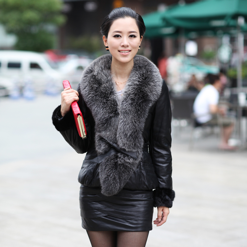 LOVE Fox fur sheepskin genuine leather clothing female short design slim genuine leather down coat