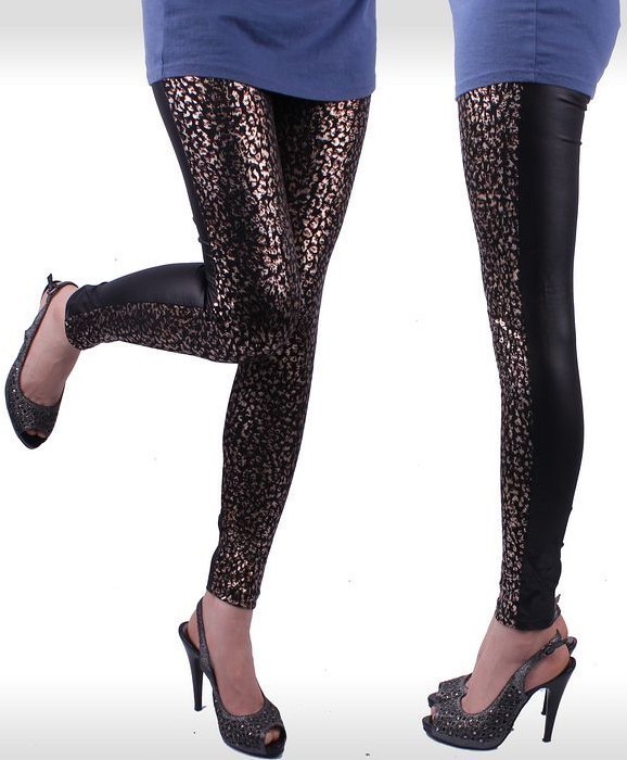 LOVE Gold leopard print faux leather patchwork legging patchwork ankle length trousers skinny pants female spring and autumn