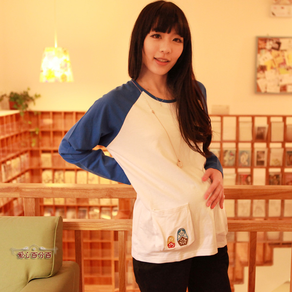 Love in 100% y02 spring and autumn maternity clothing color block patchwork long-sleeve T-shirt matryoshka doll embroidered