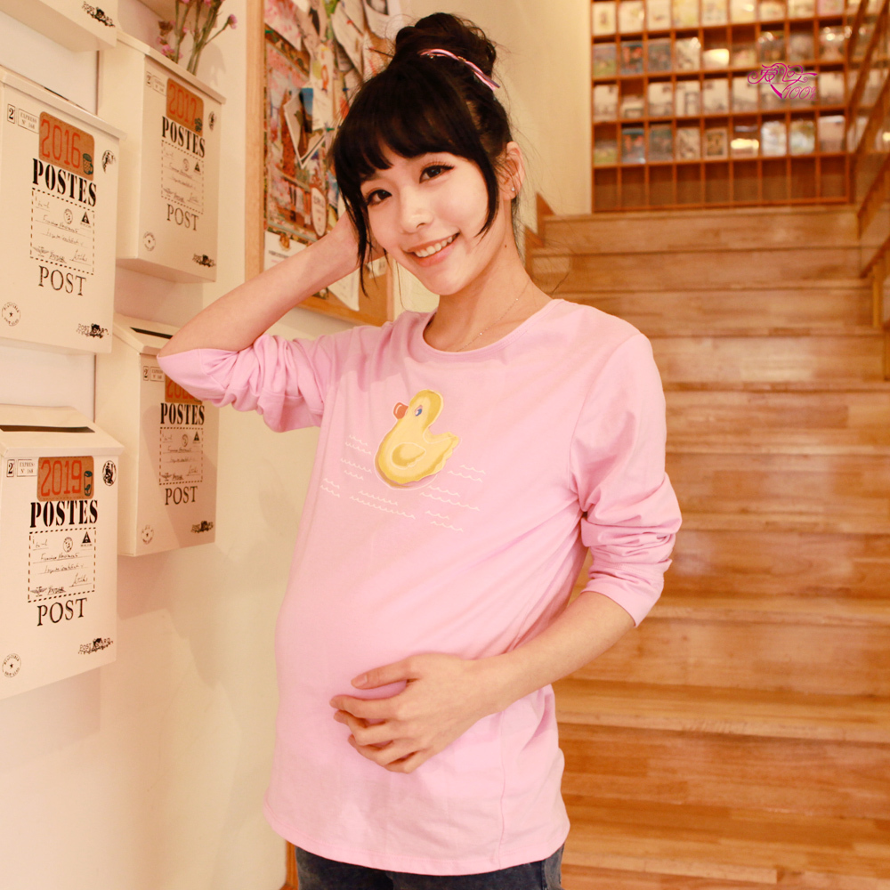 Love in 100% y068 spring and autumn maternity clothing applique little duck maternity t-shirt basic shirt pink