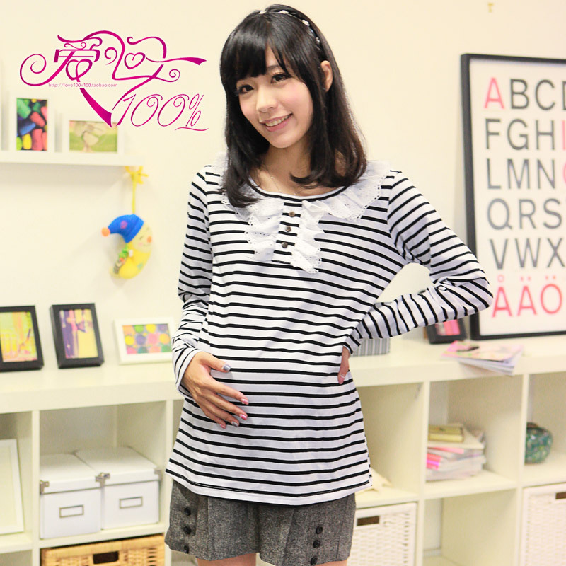 Love in 100% y36 spring and autumn maternity clothing stripe t-shirt laciness clashers neckline maternity top