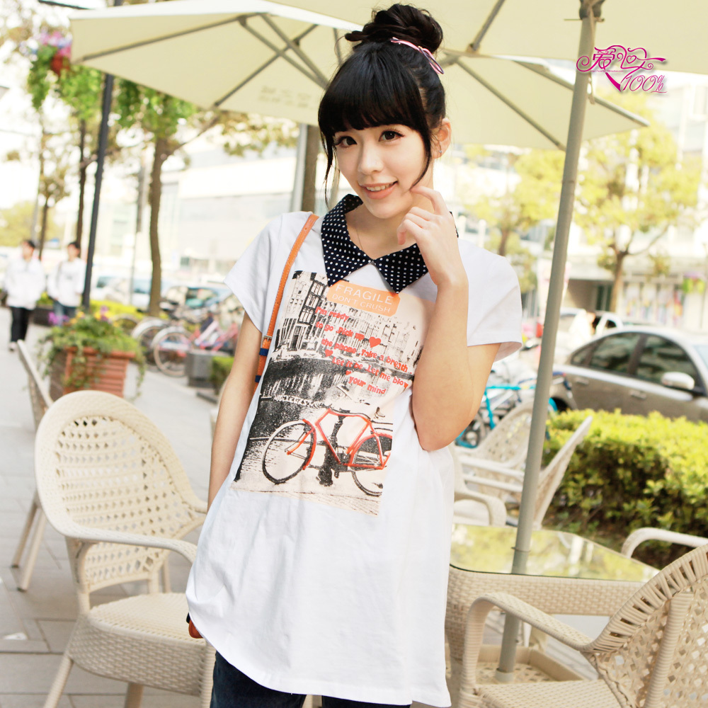 Love in 100% y8037 summer maternity clothing vintage polka dot turn-down collar maternity t-shirt bicycle print paragraph