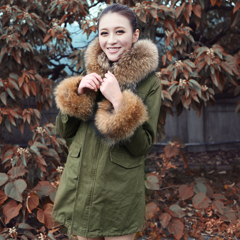 LOVE Raccoon fur collar Army Green cotton overcoat tooling thick outerwear cotton-padded jacket female