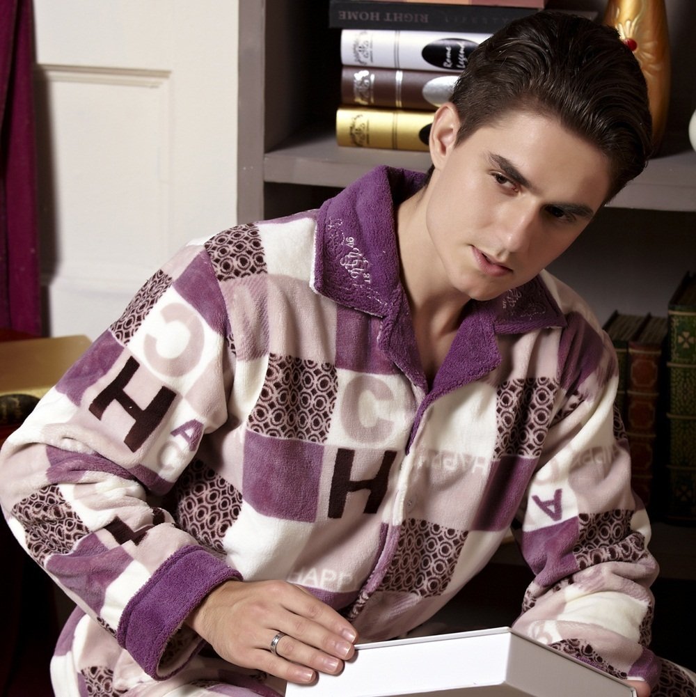 LOVE Spring and autumn male plus size coral fleece sleepwear men's long-sleeve set lounge