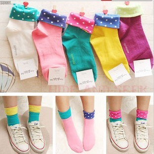 Lovely flanging dot candy color cotton socks for women 10 pairs/Lot