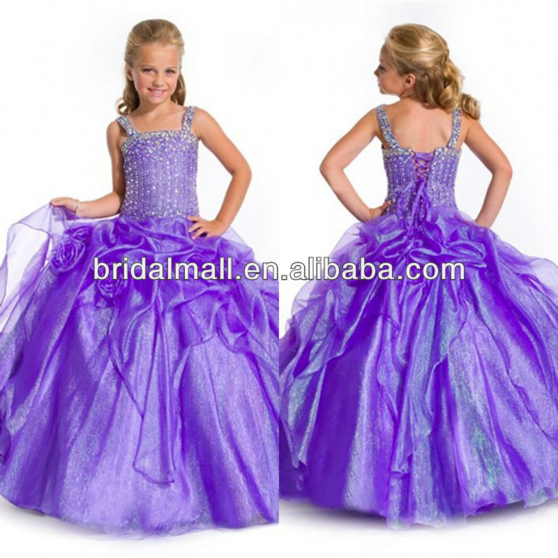 Lovely off shoulder rhinestone beaded chest pleated purple ball gown organza party dress flower girl dresses JY032