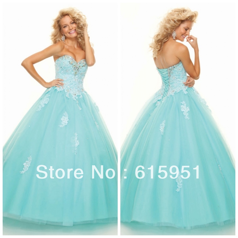 Lovely pricess style ruched appliqued sweetheart ball gown organza high waist ice cream blue prom dress BM536