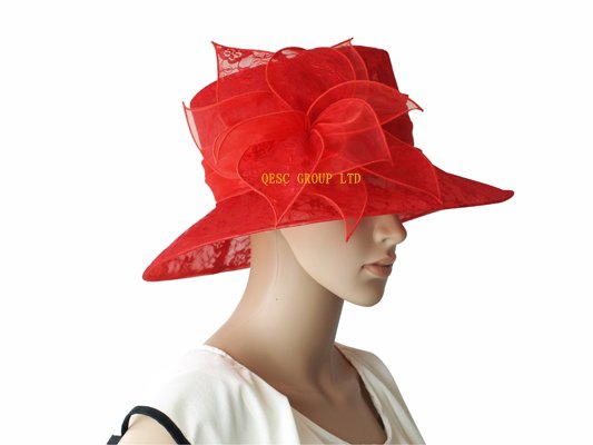LOVELY Red Organza Hat  Bridal Hat covered lace with leaf flower for Church,wedding,party