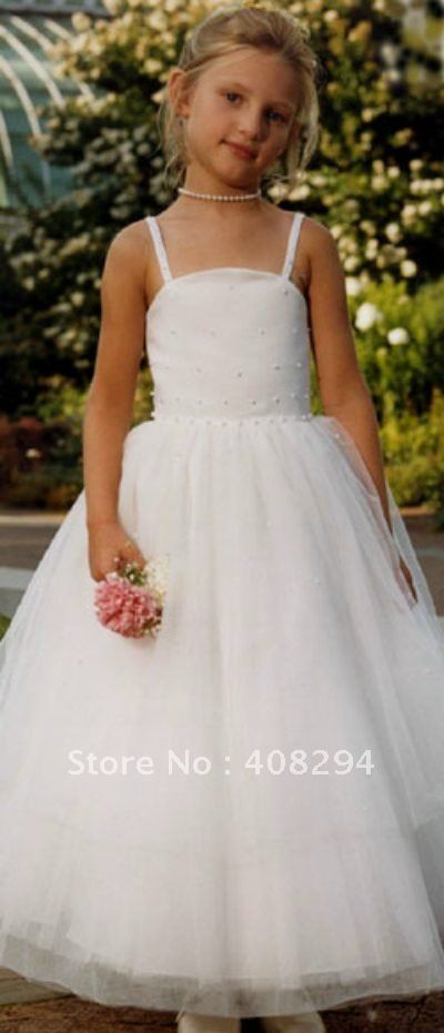 Lovely spaghetti strap pearly beaded organza flower girl dress