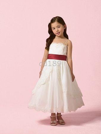 Lovely spaghetti straps embroidery A-line ankle-length white with Red belt Flower Girl Dresses!
