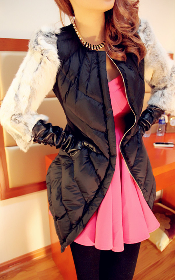 Lover luxury rabbit fur patchwork geometry design silk long midsweet cotton-padded jacket cotton-padded jacket belt