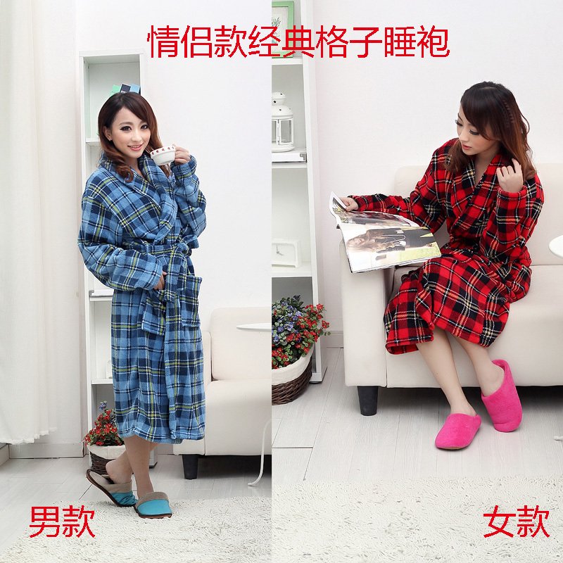 Lovers classic plaid bathrobe coral fleece sleepwear robe super soft thickening autumn and winter