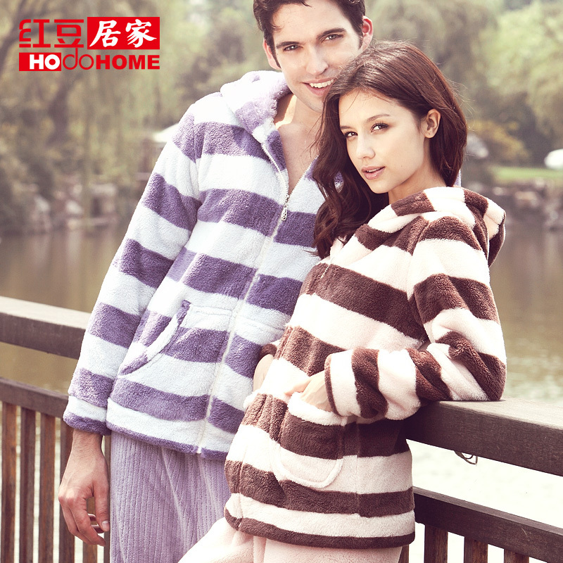 Lovers coral fleece sleepwear service winter stripe male women's thickening long-sleeve casual