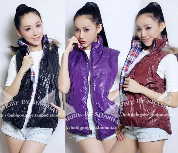 Lovers design casual all-match maomao collar plaid reversible down vest waistcoat