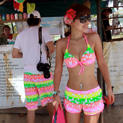 Lovers set neon letter lovers beach pants quick-drying pants bikini twinset steel