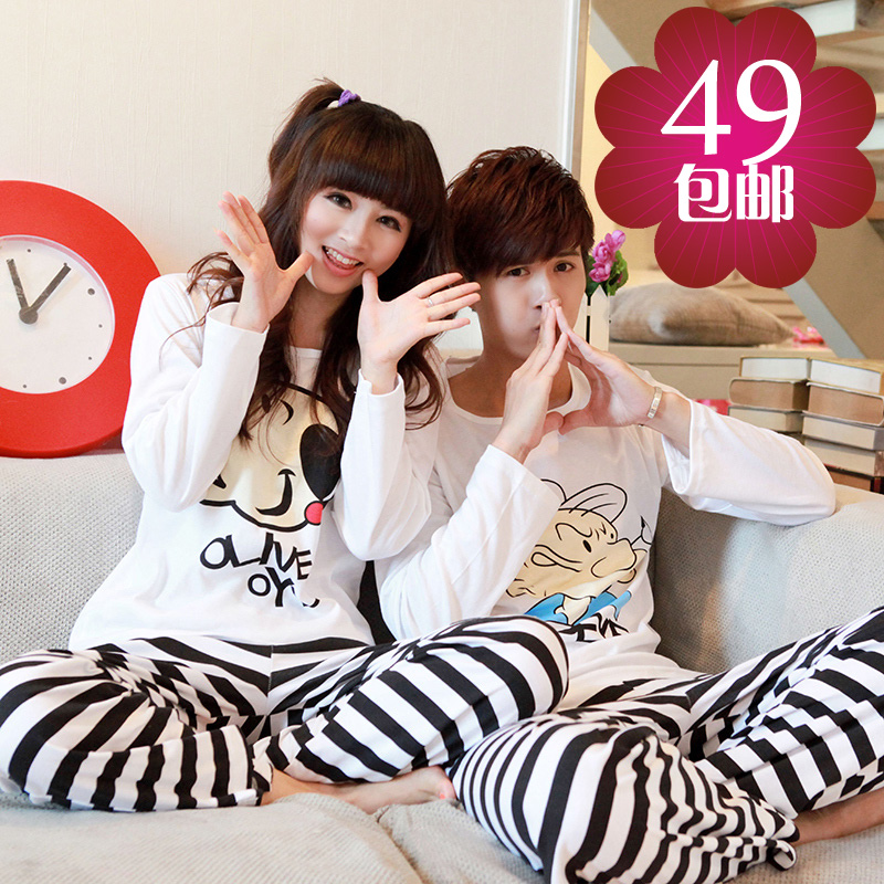 Lovers sleepwear 100% cotton cartoon long-sleeve winter twinset male women's sleepwear lovers lounge