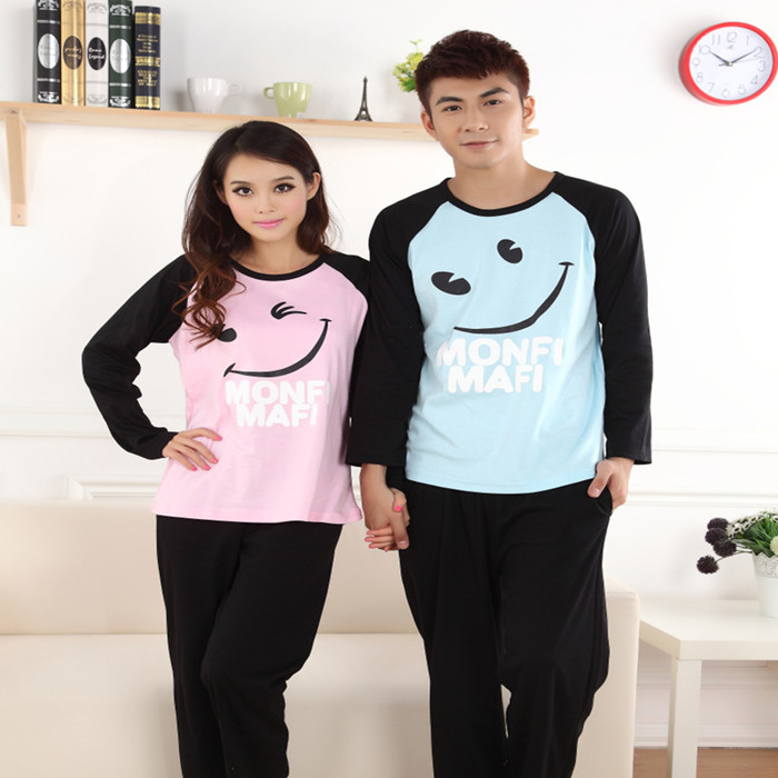 Lovers sleepwear autumn and winter Women 100% cotton smiley long-sleeve lounge spring and autumn male plus size long-sleeve set