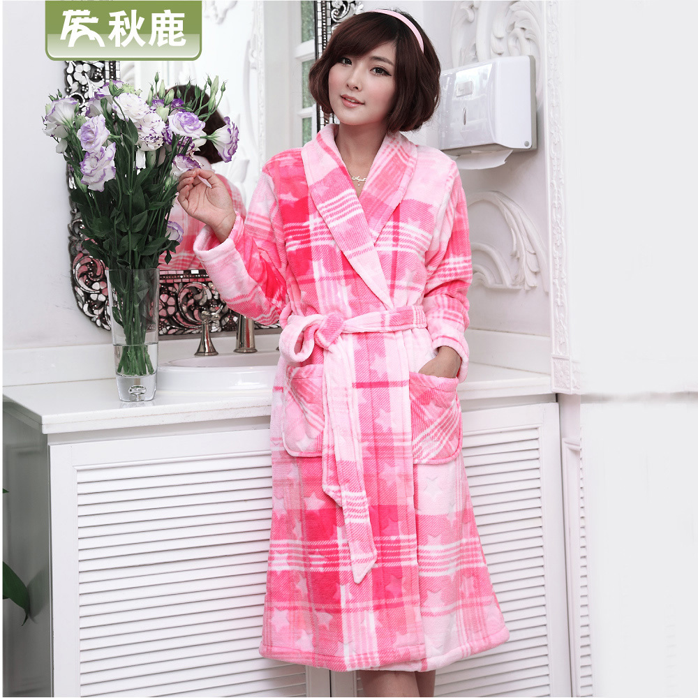 Lovers sleepwear coral fleece robe female lounge autumn and winter new arrival thickening plaid q814