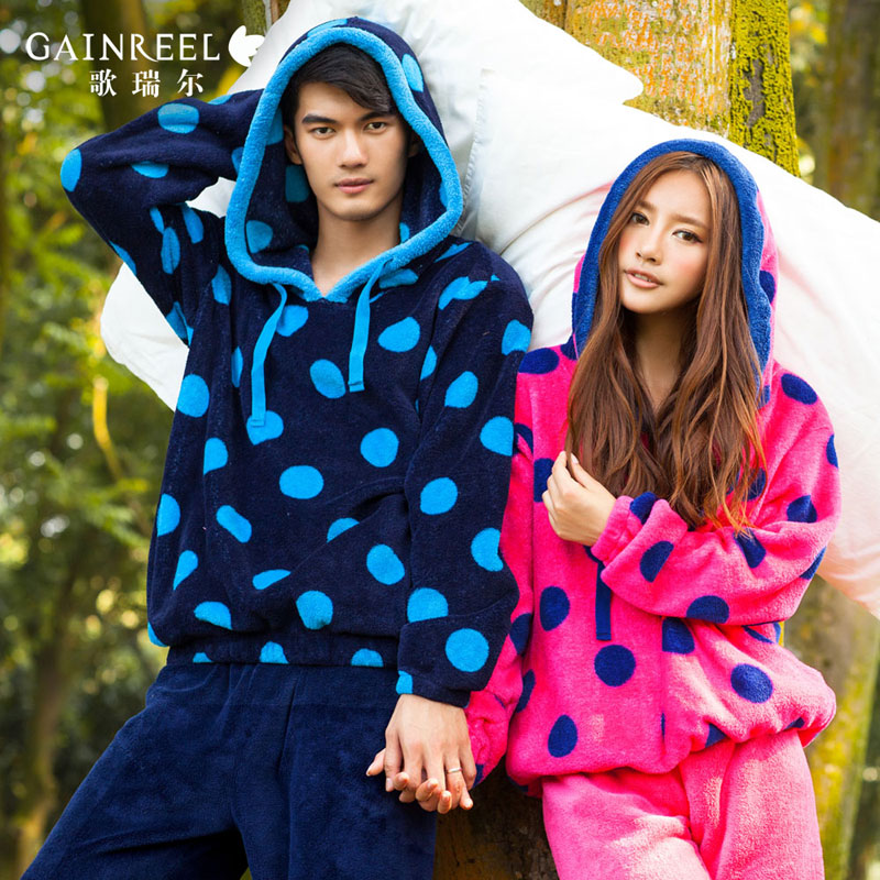 Lovers sleepwear song arrail coral fleece polka dot thickening male women's thermal lounge set